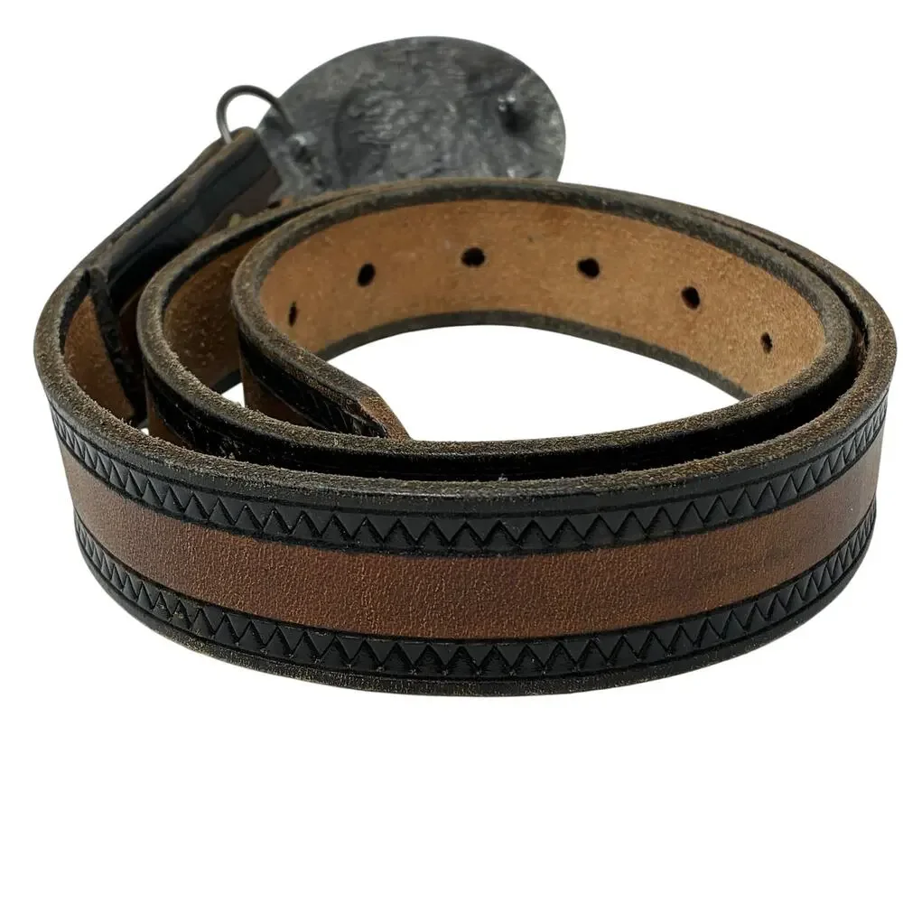 VTG Bergamot Horse Head Belt Buckle Western Brown Leather Belt Apx Sz 34 Rodeo